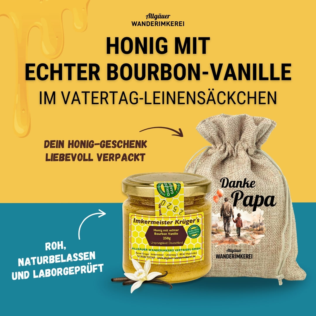 Einmalige Vatertag-Edition: Honig mit echter Bourbon-Vanille (250g) im passenden Leinensäckchen von der Allgäuer Wanderimkerei
