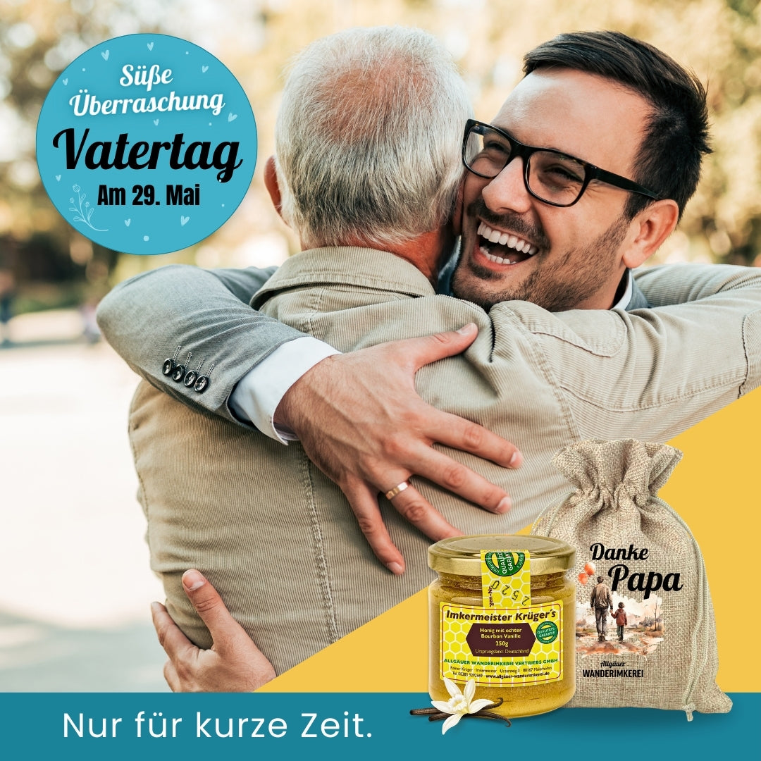 Einmalige Vatertag-Edition: Honig mit echter Bourbon-Vanille (250g) im passenden Leinensäckchen von der Allgäuer Wanderimkerei