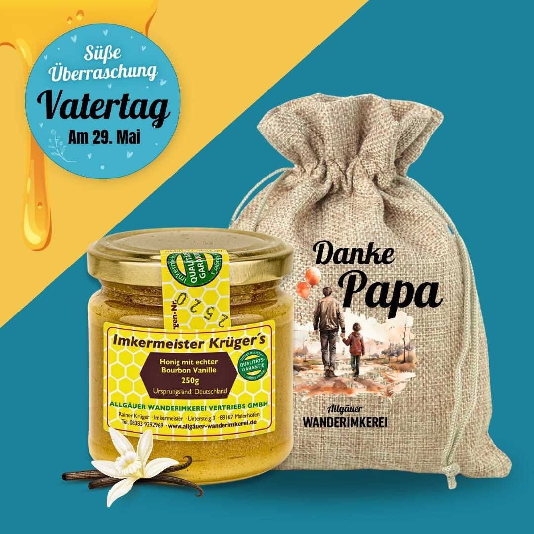 Einmalige Vatertag-Edition: Honig mit echter Bourbon-Vanille (250g) im passenden Leinensäckchen von der Allgäuer Wanderimkerei