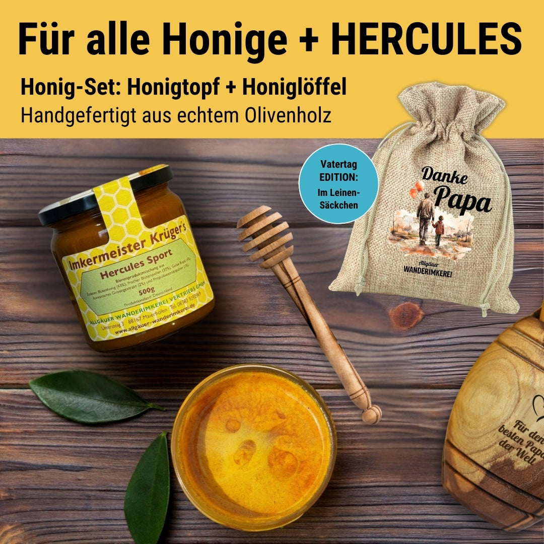 Vatertagsgeschenk, Honigtopf mit Wunsch-Gravur und Honiglöffel aus echtem Olivenholz im passenden Leinensäckchen DANKE PAPA von der Allgäuer Wanderimkerei