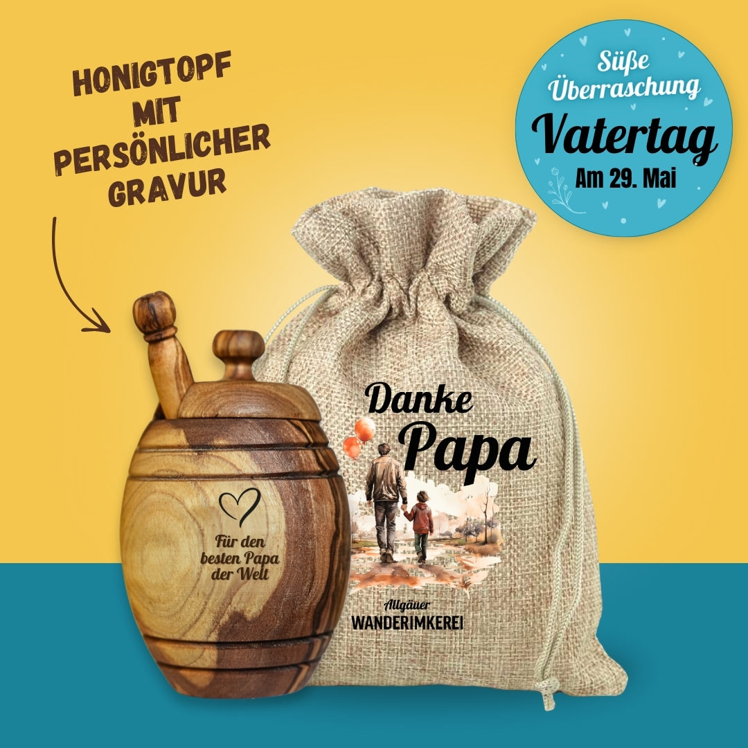 Vatertagsgeschenk, Honigtopf mit Wunsch-Gravur und Honiglöffel aus echtem Olivenholz im passenden Leinensäckchen DANKE PAPA von der Allgäuer Wanderimkerei