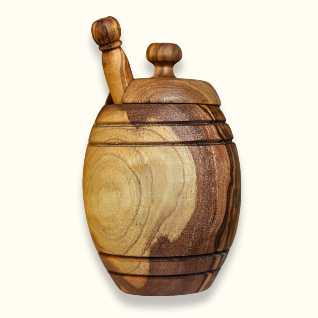 Vatertagsgeschenk, Honigtopf mit Wunsch-Gravur und Honiglöffel aus echtem Olivenholz im passenden Leinensäckchen DANKE PAPA von der Allgäuer Wanderimkerei