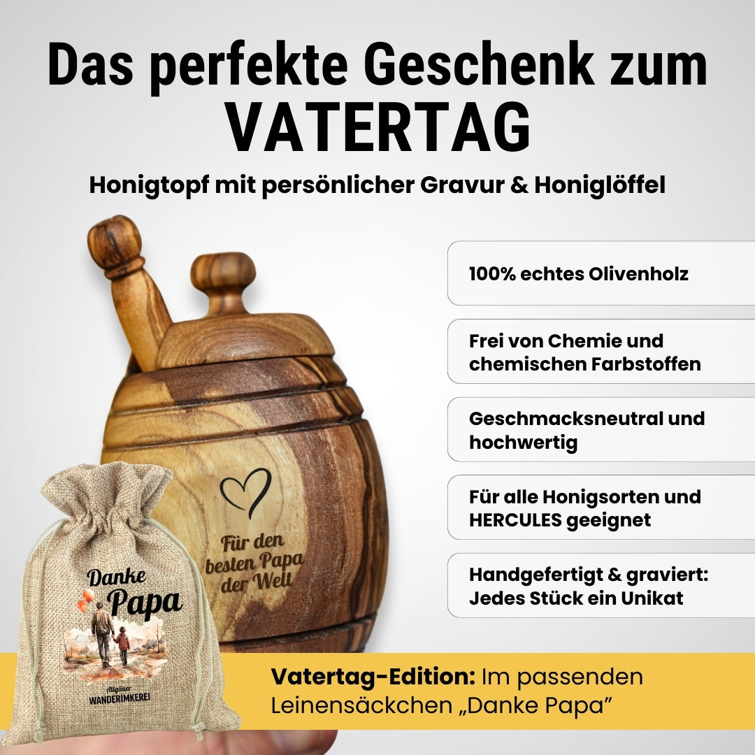 Vatertagsgeschenk, Honigtopf mit Wunsch-Gravur und Honiglöffel aus echtem Olivenholz im passenden Leinensäckchen DANKE PAPA von der Allgäuer Wanderimkerei