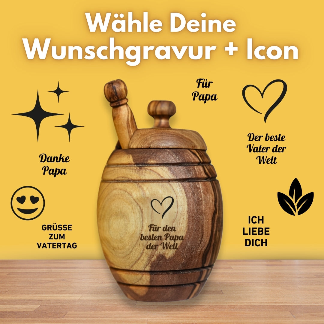Vatertagsgeschenk, Honigtopf mit Wunsch-Gravur und Honiglöffel aus echtem Olivenholz im passenden Leinensäckchen DANKE PAPA von der Allgäuer Wanderimkerei