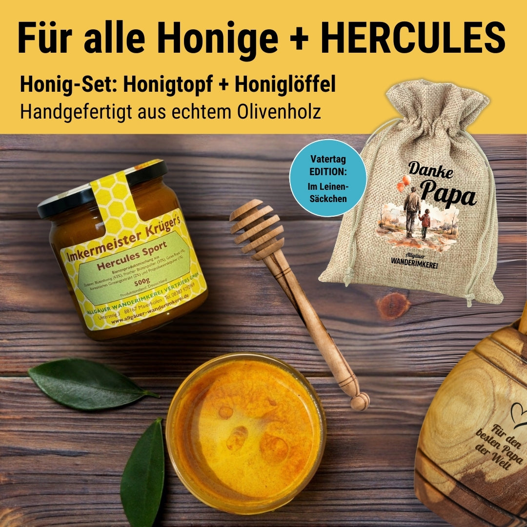 Vatertagsgeschenk, Honigtopf mit Gravur und Honiglöffel im Leinensäckchen + Gutes Dutzend Honigprobierset von der Allgäuer Wanderimkerei