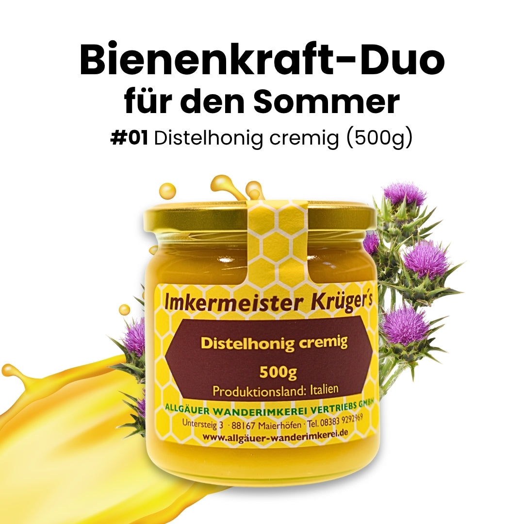 Bienenkraft-Duo für den Sommer mit Distelhonig cremig (500g) und Propolis Tinktur 30% (20ml)