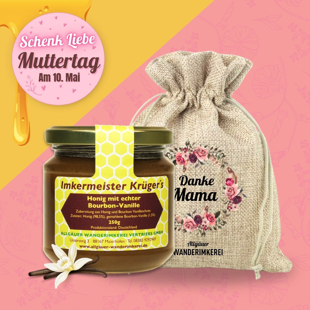 Honig mit echter Bourbon-Vanille im Geschenksäckchen Danke Mama zum Muttertag verschenken, von der Allgäuer Wanderimkerei