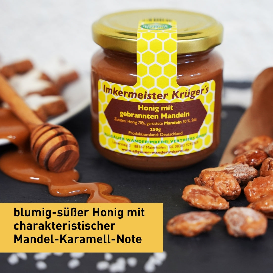 Leckerer Honig mit gebrannten Mandeln 250g von der Allgäuer Wanderimkerei