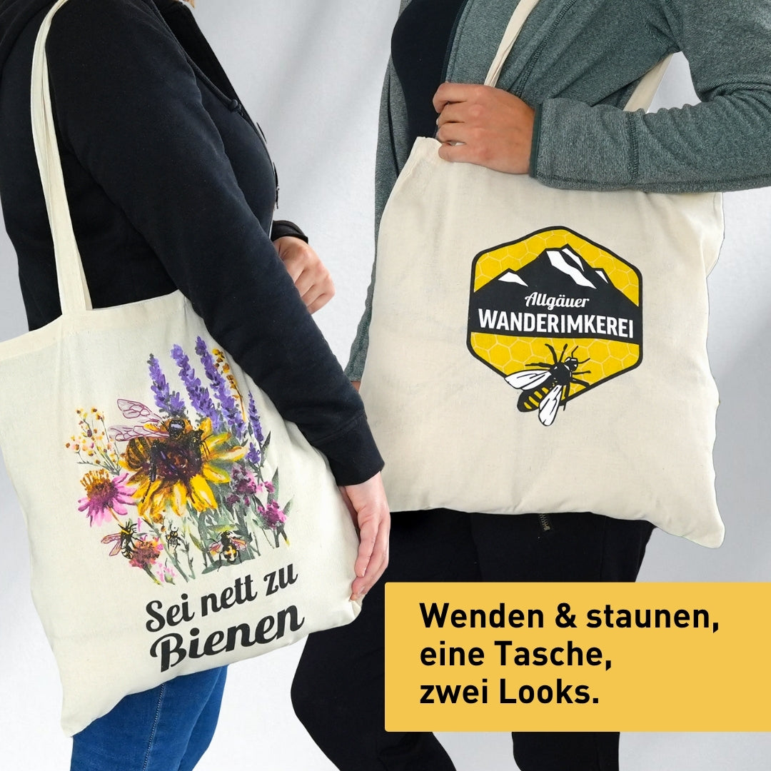 Baumwolltasche Sein nett zu Bienen von der Allgäuer Wanderimkerei