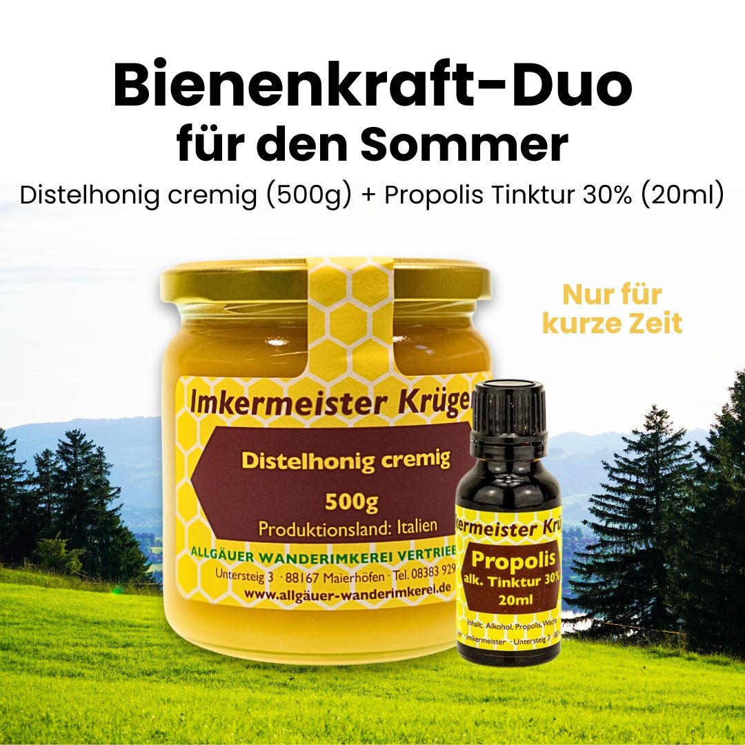 Bienenkraft-Duo für den Sommer mit Distelhonig cremig (500g) und Propolis Tinktur 30% (20ml)