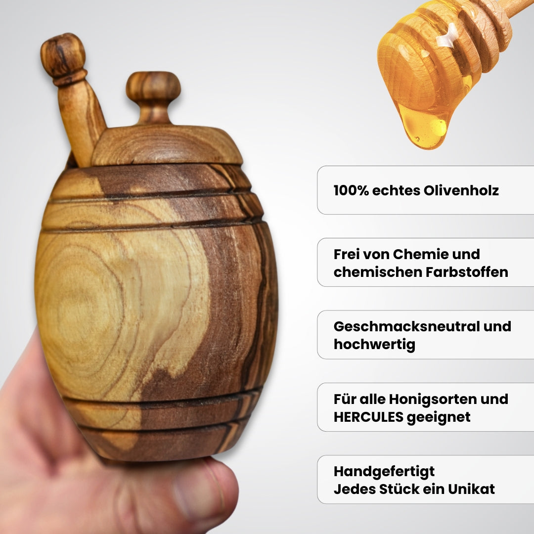 Honigtopf mit Deckel und Honiglöffel aus echtem Olivenholz von der Allgäuer Wanderimkerei