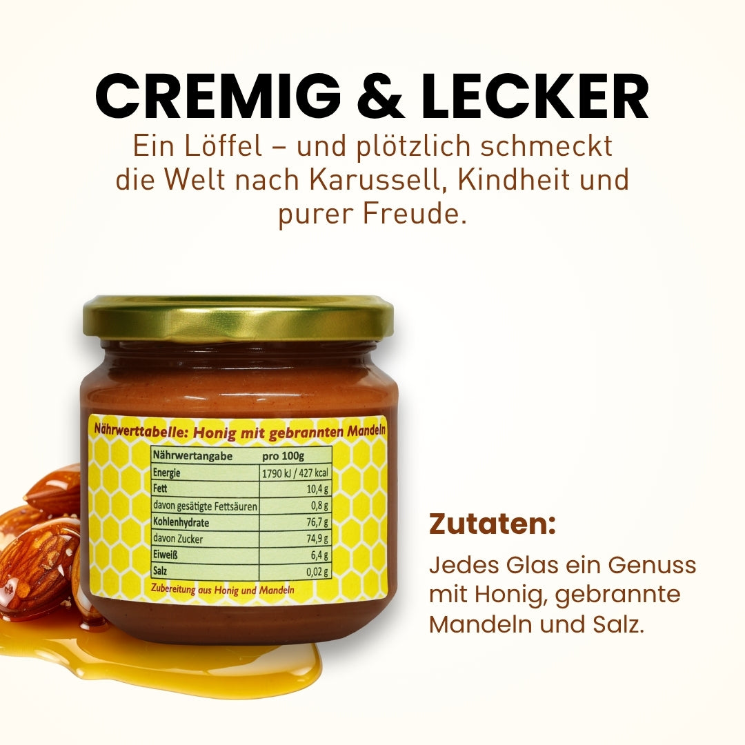 Leckerer Honig mit gebrannten Mandeln 250g von der Allgäuer Wanderimkerei