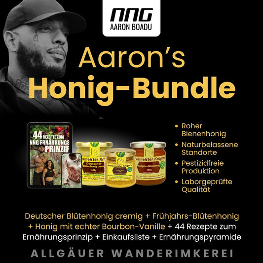 Aarons Honig-Bundle von der Allgäuer Wanderimkerei, Blütenhonig cremig und Honig mit echter Bourbon-Vanille, Frühjahrs-Blütenhonig, NNG 44 Rezepte zum Ernährungsprinzip und NNG Einkaufsliste + Ernährungspyramide, Empfehlung Aaron Boadu, NNG