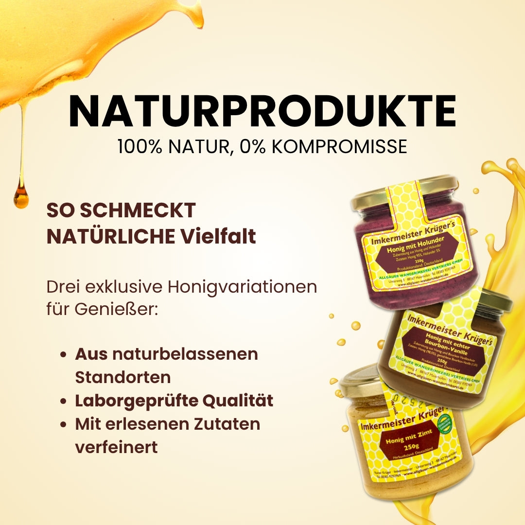 Das süße 3er Honig-Set mit Honig mit Holunder (250g), Honig mit echter Bourbon-Vanille (250g) und Honig mit Zimt (250g)