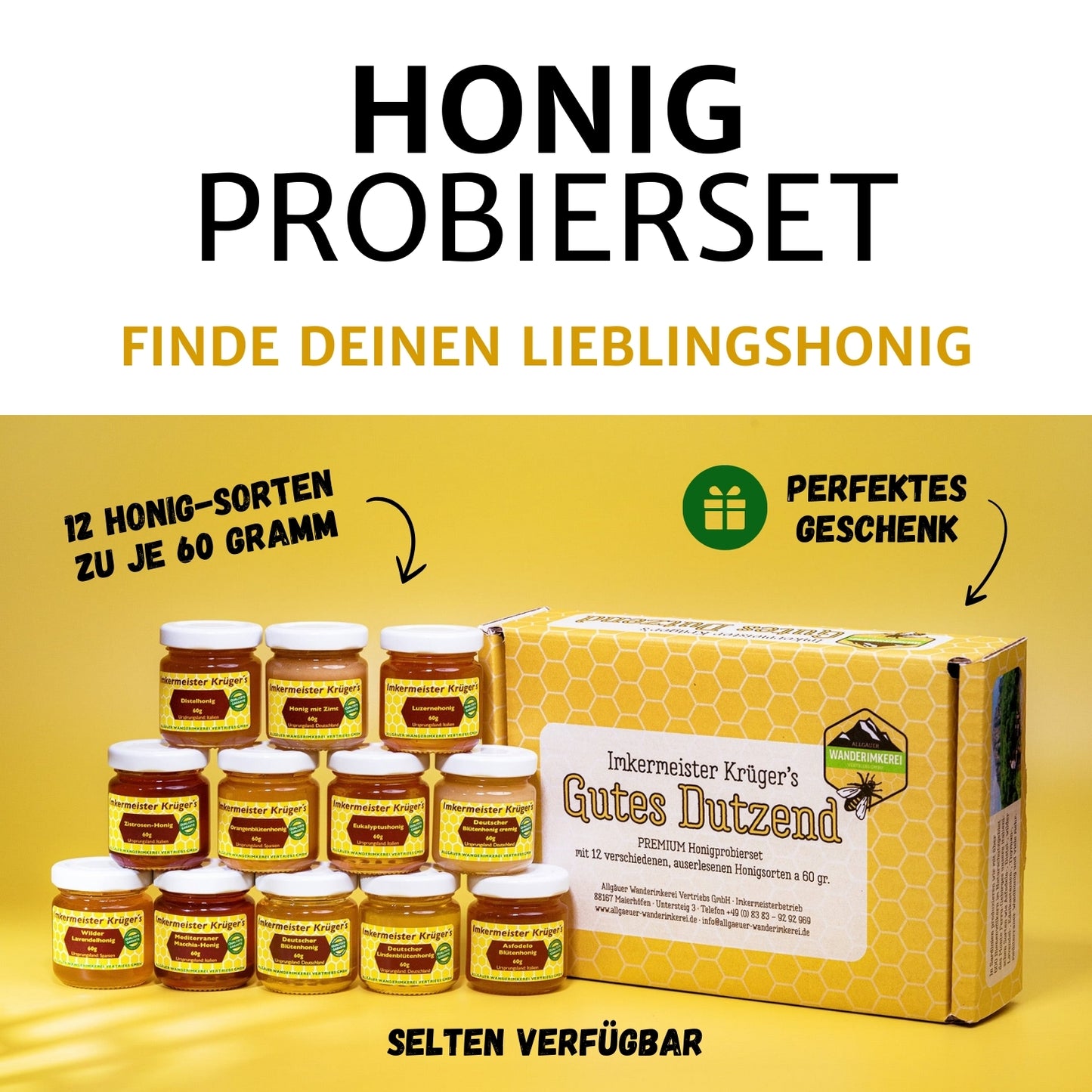 Gutes Dutzend Honigprobierset mit 12 verschiedenen Honigsorten zu je 60g von der Allgäuer Wanderimkerei