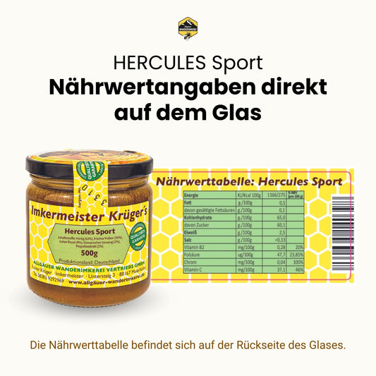 Bienenproduktmischung HERCULES Sport 500g von der Allgäuer Wanderimkerei, Nährwertangaben