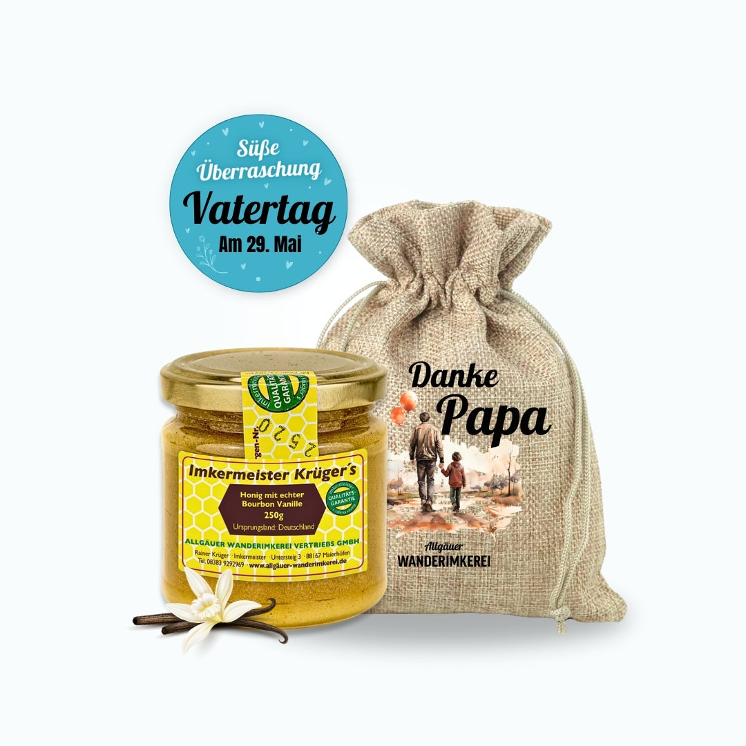 Einmalige Vatertag-Edition: Honig mit echter Bourbon-Vanille (250g) im passenden Leinensäckchen von der Allgäuer Wanderimkerei