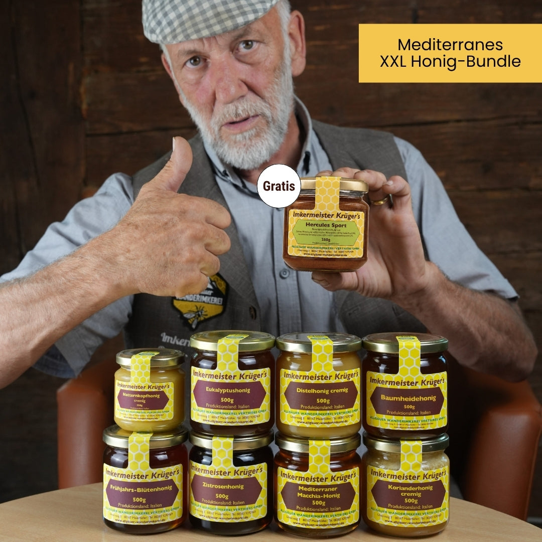 Mediterranes XXL Honig-Bundle mit Mediterraner Macchiahonig 500g, Distelhonig cremig 500g, Zistrosenhonig 500g, Frühjahrsblütenhonig 500g, Eukalyptushonig 500g, Baumheidehonig 500g, Natternkopfhonig cremig 250g, Korianderhonig cremig 500g und GRATIS HERCULES Sport 250g von der Allgäuer Wanderimkerei mit Imkermeister Rainer Krüger, nur für kurze Zeit