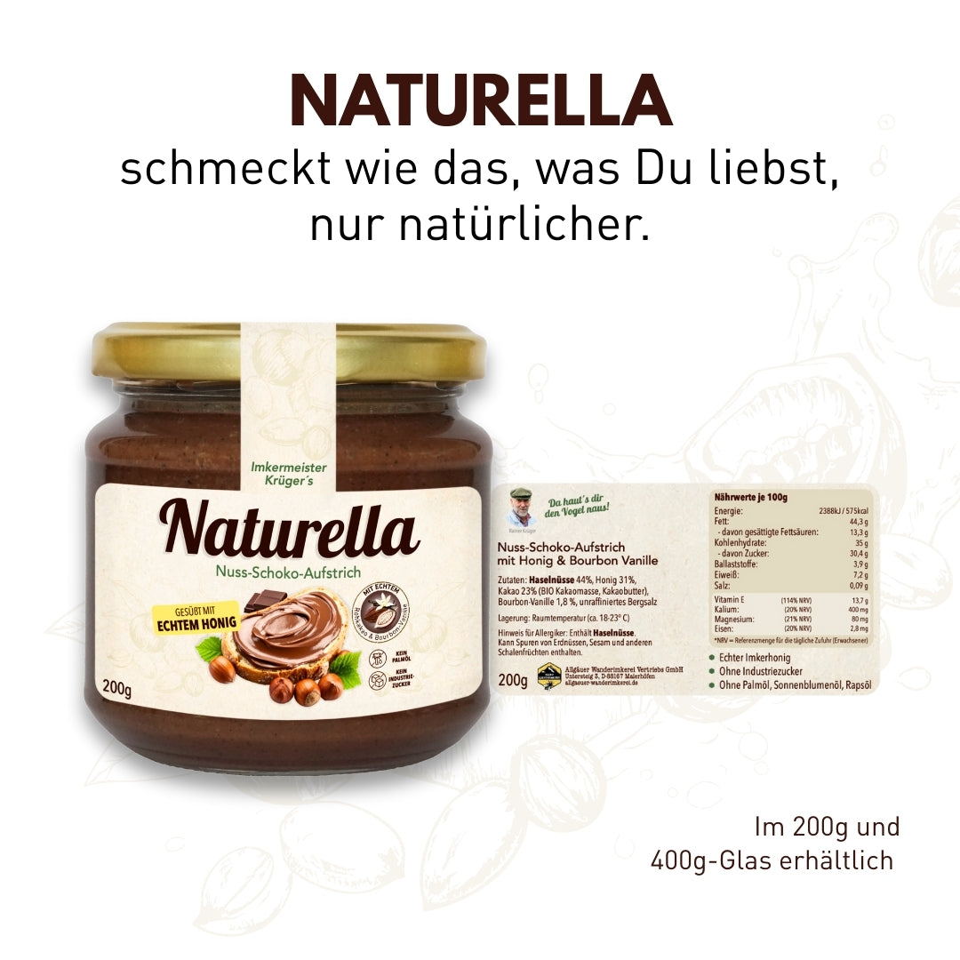 Naturella Nuss-Schoko-Aufstrich mit Imkerhonig gesüßt & echter Bourbon-Vanille verfeinert, 200g, Ohne Palmöl und ohne Industriezucker, Allgäuer Wanderimkerei