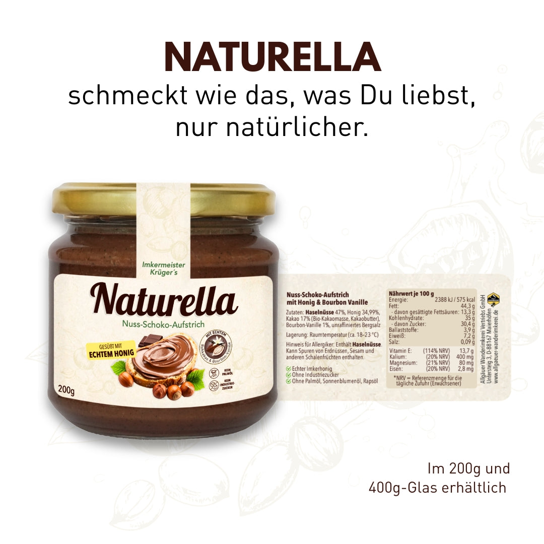 Naturella Nuss-Schoko-Aufstrich, Nährwertangabe auf Rückseite Rückseite von der Allgäuer Wanderimkerei