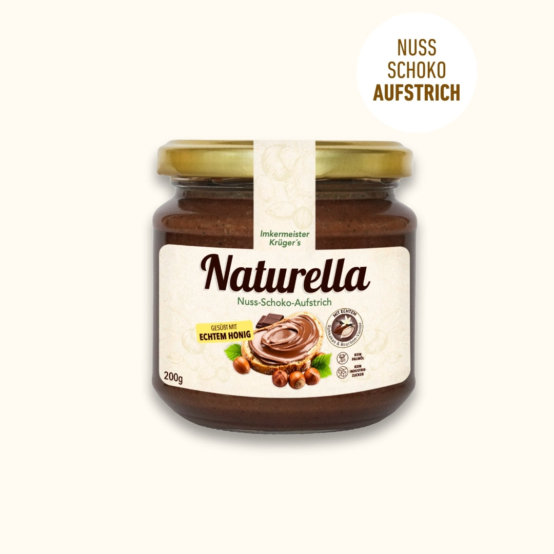 Naturella Nuss-Schoko-Aufstrich mit Imkerhonig gesüßt & echter Bourbon-Vanille verfeinert, 200g, Ohne Palmöl und ohne Industriezucker, Allgäuer Wanderimkerei