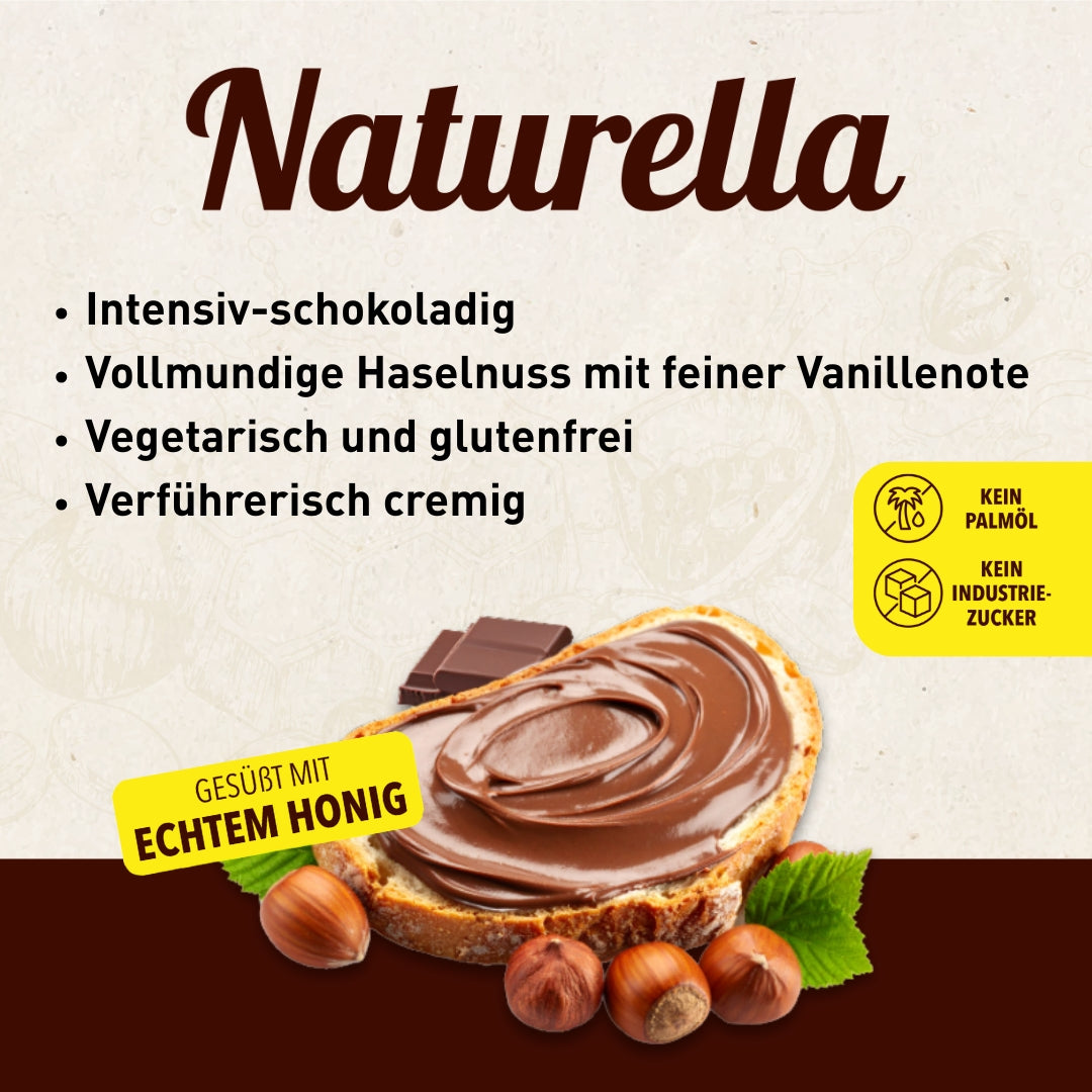 Naturella Nuss-Schoko-Aufstrich mit Imkerhonig gesüßt & echter Bourbon-Vanille verfeinert, 200g, Ohne Palmöl und ohne Industriezucker, Allgäuer Wanderimkerei