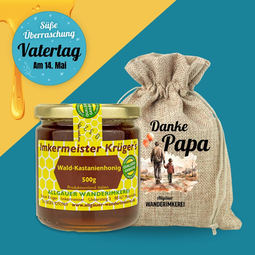 Kräftiger Wald-Kastanienhonig mit Geschenksäckchen Danke Papa zum Vatertag verschenken von der Allgäuer Wanderimkerei