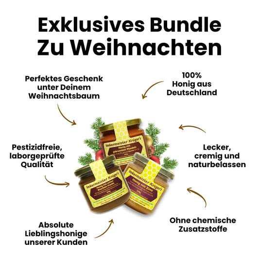 Weihnachts-Honig-Bundle mit Honig mit echter Bourbon-Vanille, Zimt mit Honig, Honig mit gebrannten Mandeln, limitierte Winter-Edition von der Allgäuer Wanderimkerei, direkt vom Imker