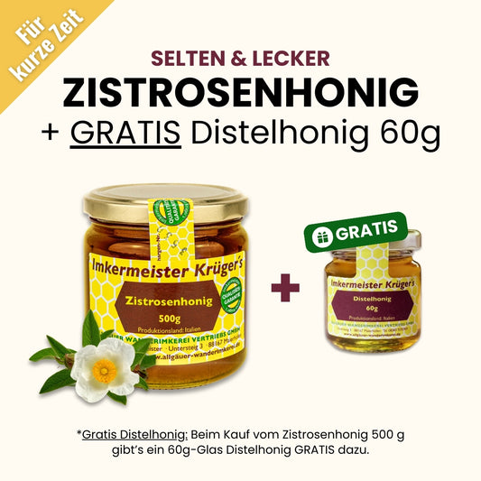 Für kurze Zeit: Gratis Distelhonig 60g beim Kauf vom Zistrosenhonig 500g von der Allgäuer Wanderimkerei