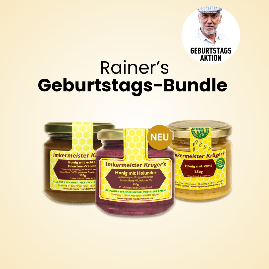 Rainer's Geburtstags-Bundle mit Honig mit Holunder (250g), Honig mit echter Bourbon-Vanille (250g) und Honig mit Zimt (250g)