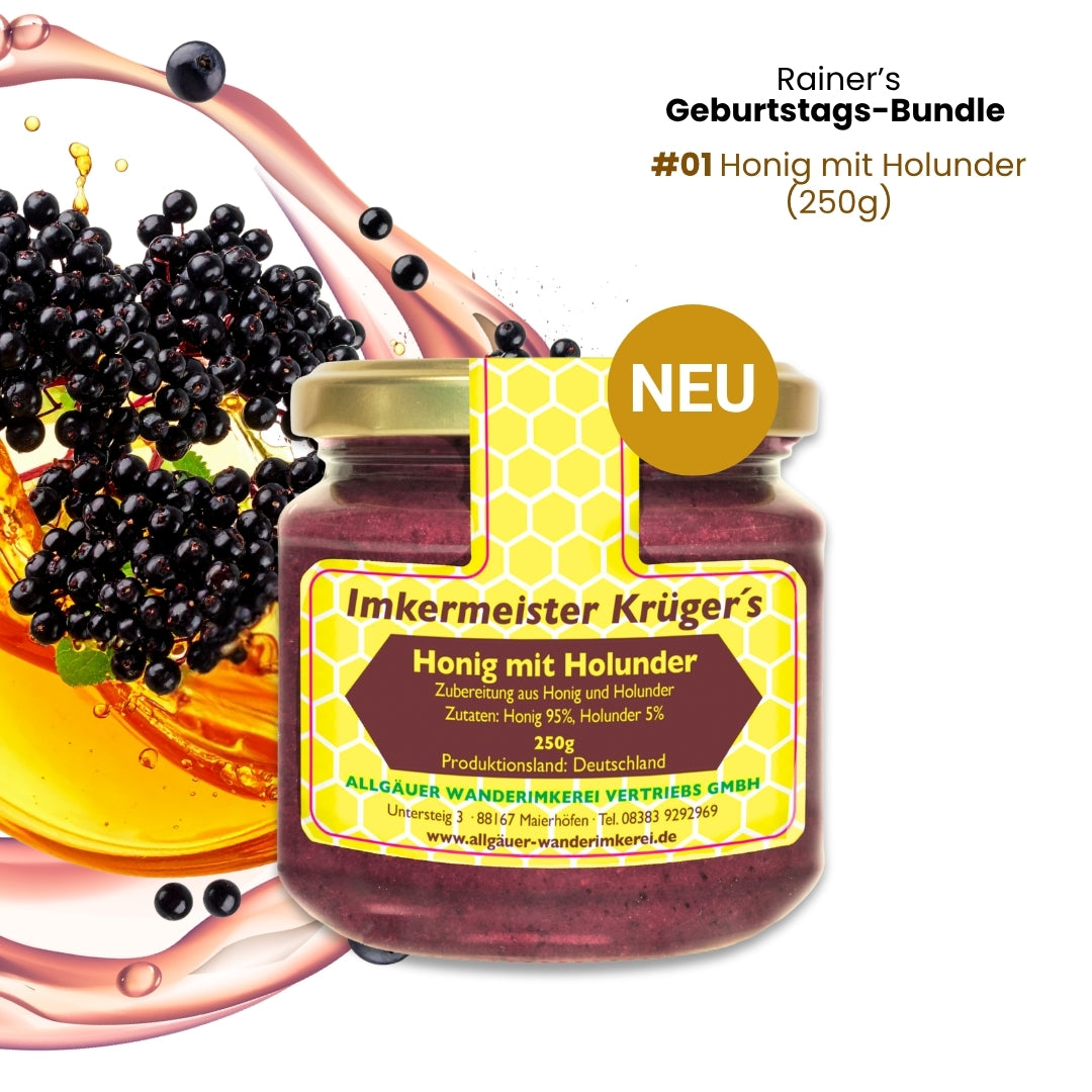 Rainer's Geburtstags-Bundle mit Honig mit Holunder (250g), Honig mit echter Bourbon-Vanille (250g) und Honig mit Zimt (250g)