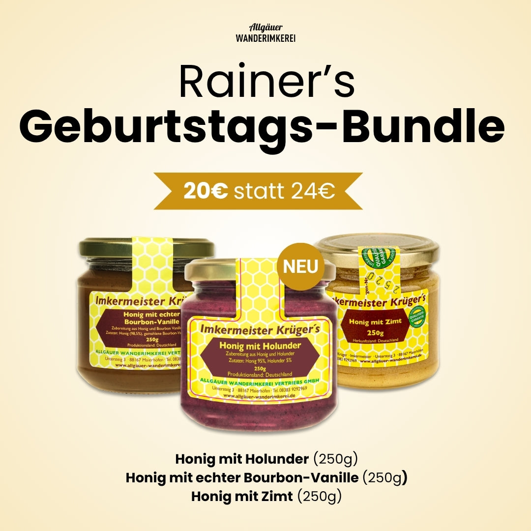 Rainer's Geburtstags-Bundle mit Honig mit Holunder (250g), Honig mit echter Bourbon-Vanille (250g) und Honig mit Zimt (250g)