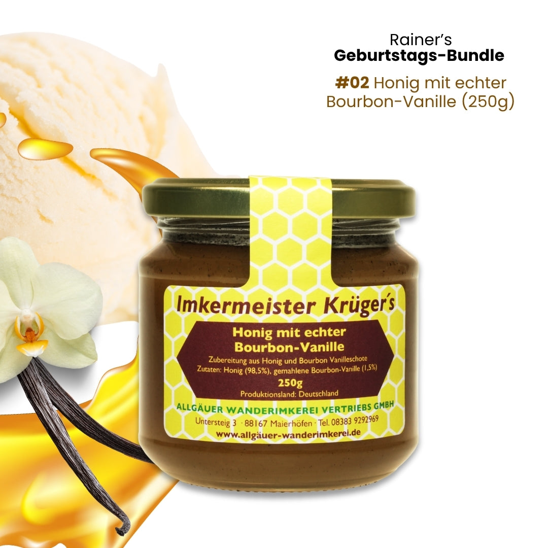 Rainer's Geburtstags-Bundle mit Honig mit Holunder (250g), Honig mit echter Bourbon-Vanille (250g) und Honig mit Zimt (250g)