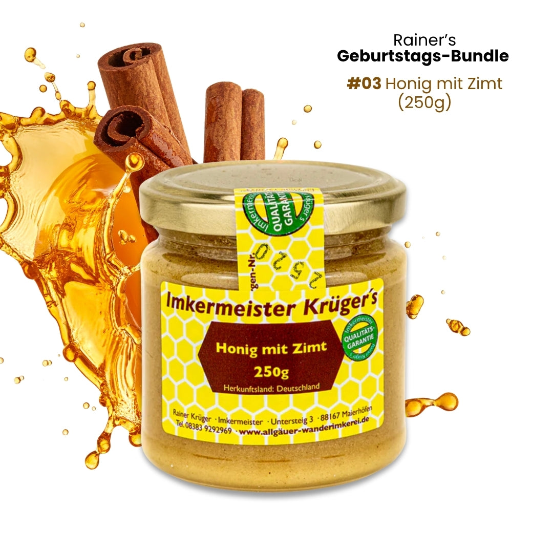 Rainer's Geburtstags-Bundle mit Honig mit Holunder (250g), Honig mit echter Bourbon-Vanille (250g) und Honig mit Zimt (250g)