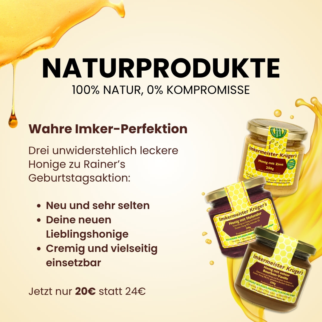 Rainer's Geburtstags-Bundle mit Honig mit Holunder (250g), Honig mit echter Bourbon-Vanille (250g) und Honig mit Zimt (250g)