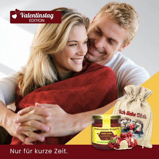 Valentinstag-Geschenk-Idee: Heisse Liebe Honig mit Himbeeren und Bourbon-Vanille 250g im Geschenlsäckchen Ich liebe Dich von der Allgäuer Wanderimkerei