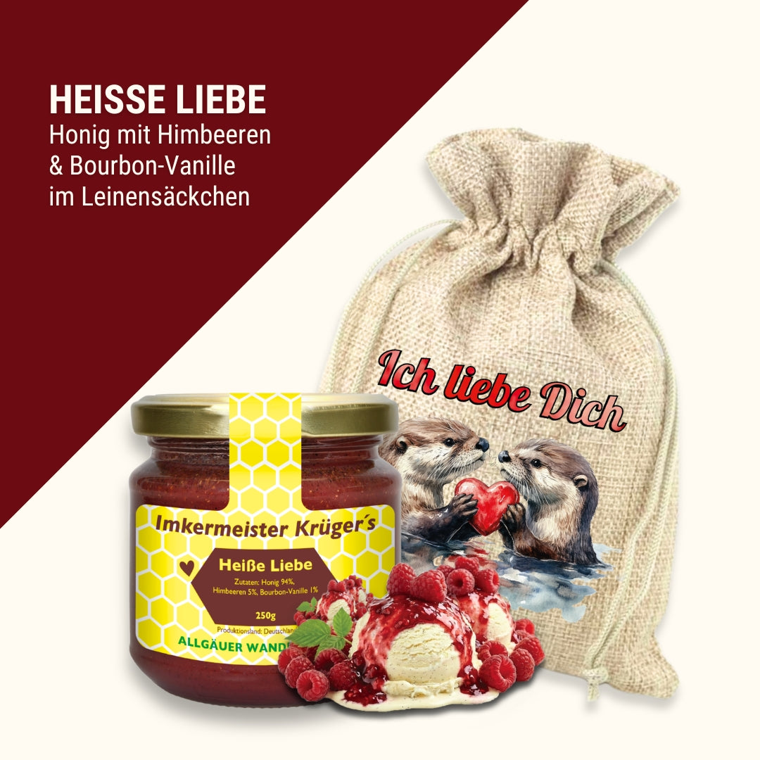 Heisse Liebe Honig mit Himbeeren und Bourbon-Vanille 250g im Geschenlsäckchen Ich liebe Dich von der Allgäuer Wanderimkerei