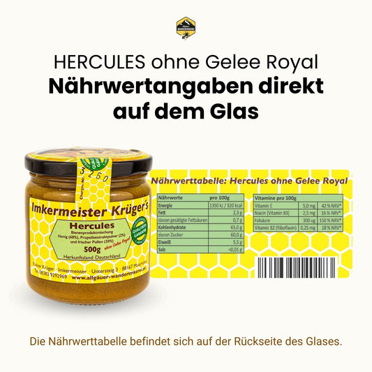 Bienenproduktmischung HERCULES ohne Gelee Royal 500g, Nährwerttabelle, von der Allgäuer Wanderimkerei