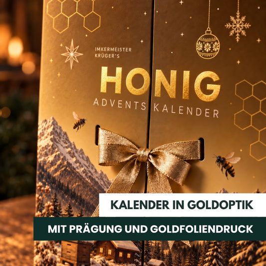 Imkermeister Rainer Krüger's Honig-Adventskalender 2026 von der Allgäuer Wanderimkerei, Kalender in Goldoptik