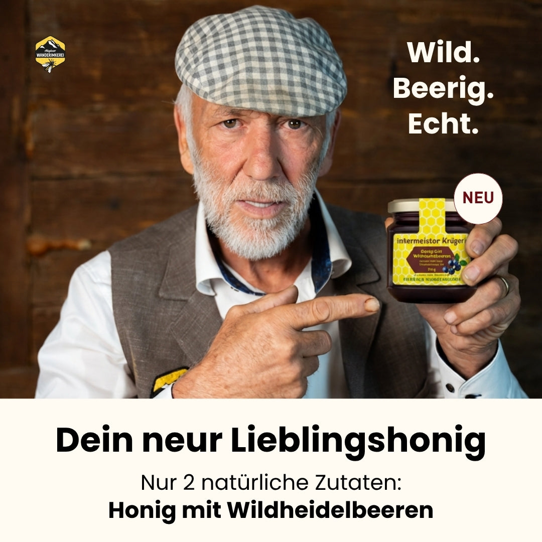 Leckerer Honig mit Wildheidelbeeren 250g mit 96% Imkerhonig und 4% Wildheidelbeeren von der Allgäuer Wanderimkerei mit Imkermeister Rainer Krüger