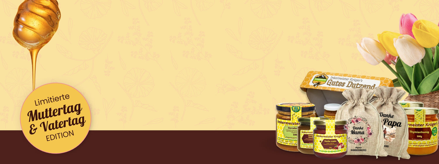 Verschenke leckeren und naturbelassenen Honig oder Bienenprodukte zum Muttertag und Vatertag 2026, direkt vom Imker, von der Allgäuer Wanderimkerei_Headerbild destop