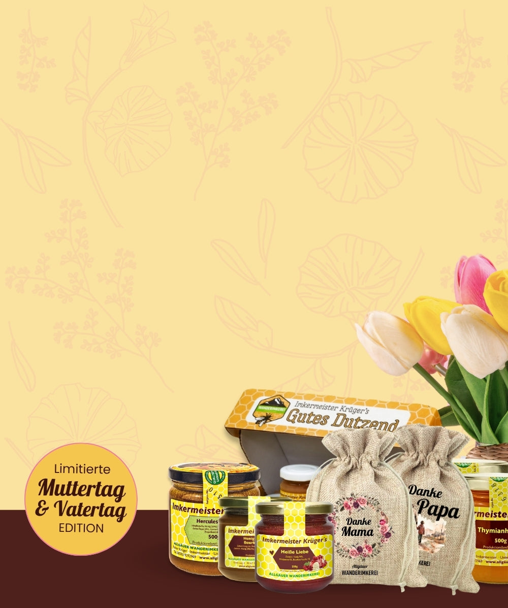 Verschenke leckeren und naturbelassenen Honig oder Bienenprodukte zum Muttertag und Vatertag 2026, direkt vom Imker, von der Allgäuer Wanderimkerei_Headerbild