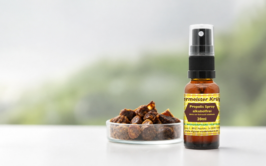 Propolis Spray alkoholfrei 20 ml mit Propolis vor hellem Hintergrund