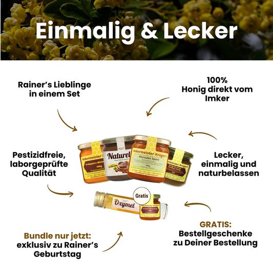 Einmalig und Lecker: Imkermeister Rainer Krüger's Geburtstags-Set mit Hercules Sport 500g, Naturella 500g, Frühjahrs-Blütenhonig 500g, Honig mit echter Bourbon-Vanille 250g und Gratis Oxymel von der Allgäuer Wanderimkerei