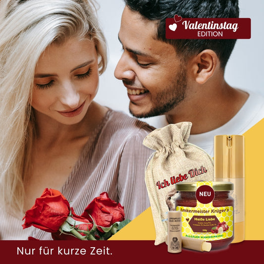 Valentinstag-Geschenk für sie, Serum-Royal Bienengift-Serum 30 ml, Heiße Liebe Honig 250g, Lippenpflege Gelee Royal 4,8g, Geschenksäckchen Ich liebe Dich von der Allgäuer Wanderimkerei