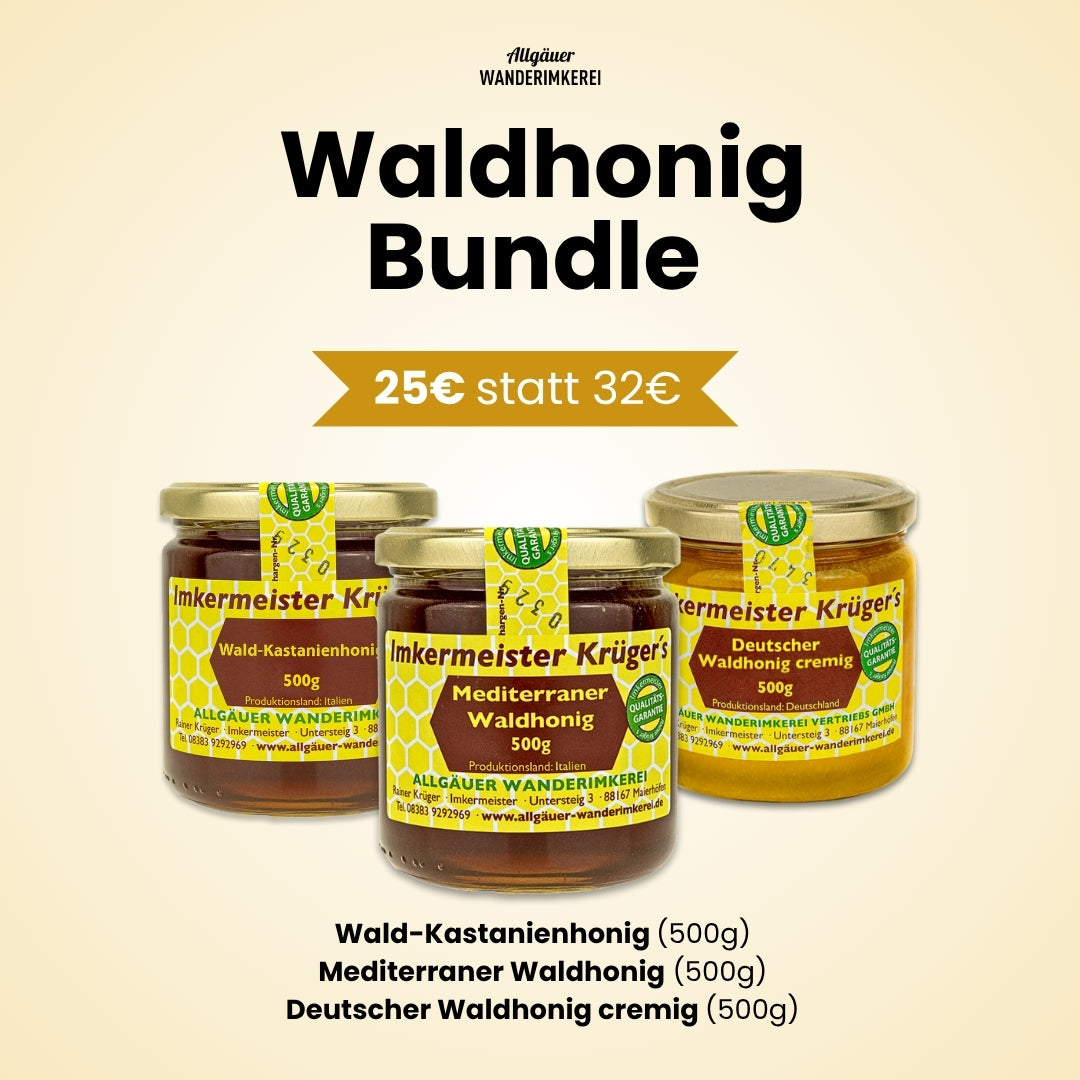 Seltenes Waldhonig-Bundle mit Wald-Kastanienhonig (500g), Mediterraner Waldhonig (500g), Deutscher Waldhonig cremig (500g)