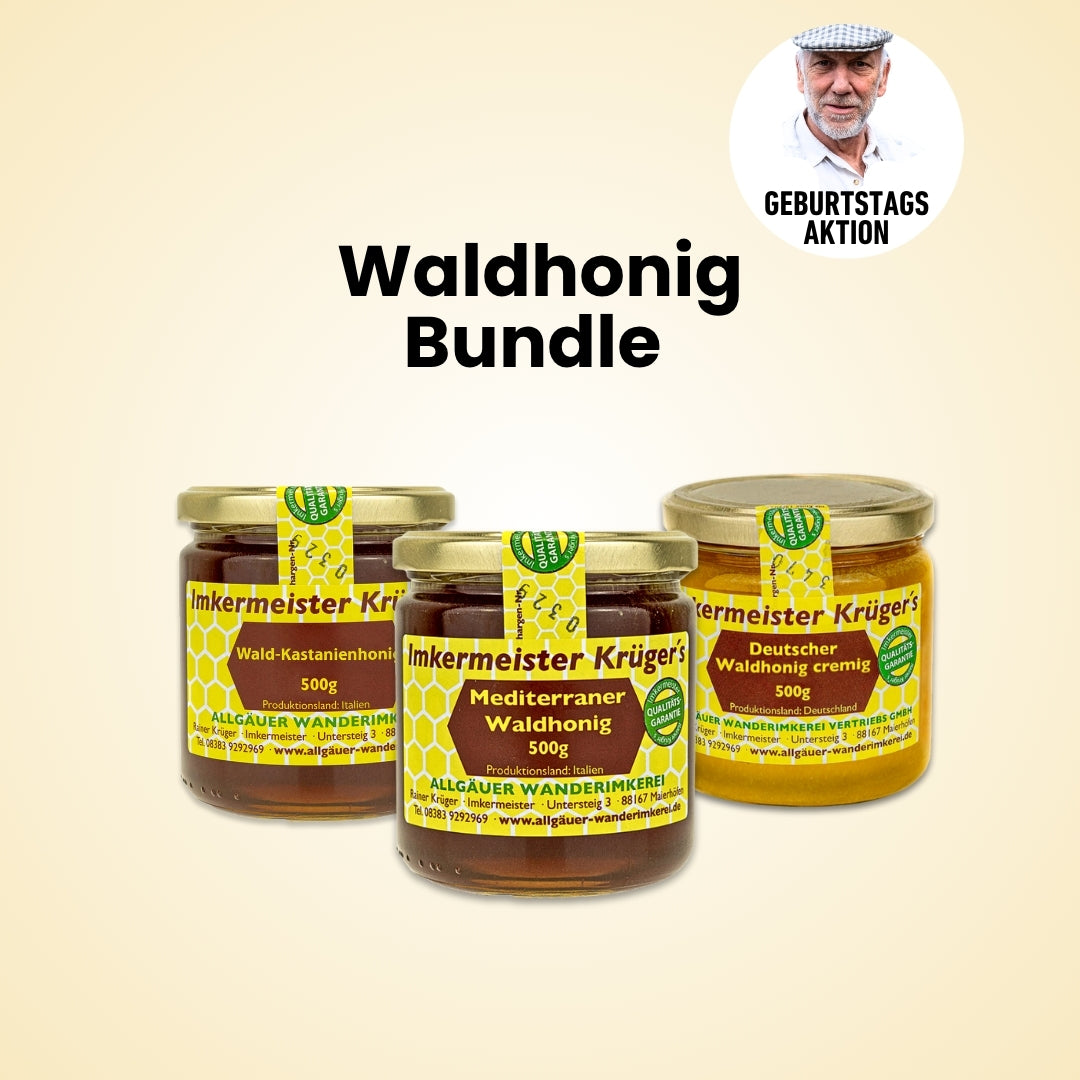 Seltenes Waldhonig-Bundle mit Wald-Kastanienhonig (500g), Mediterraner Waldhonig (500g), Deutscher Waldhonig cremig (500g)