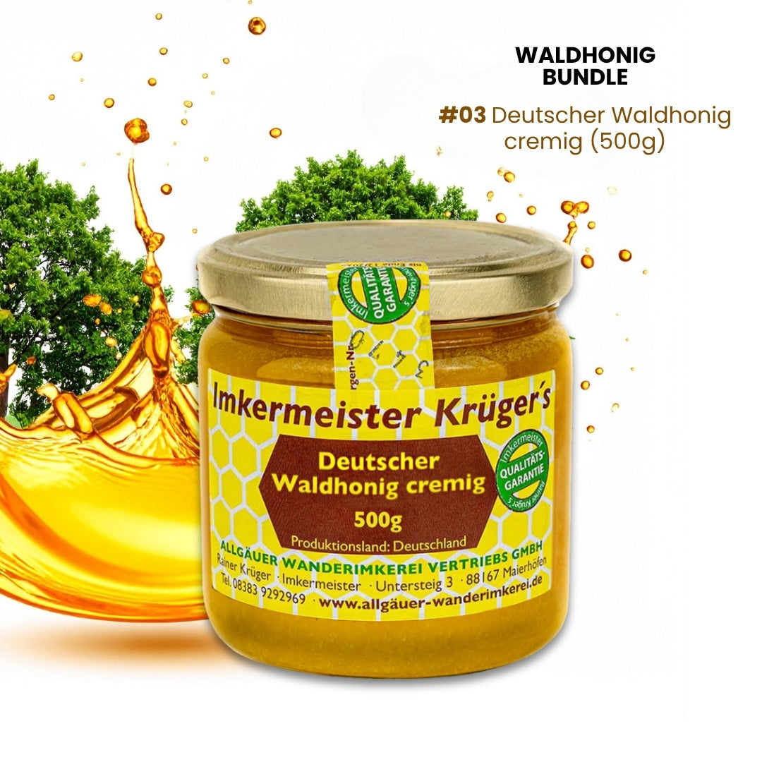 Seltenes Waldhonig-Bundle mit Wald-Kastanienhonig (500g), Mediterraner Waldhonig (500g), Deutscher Waldhonig cremig (500g)