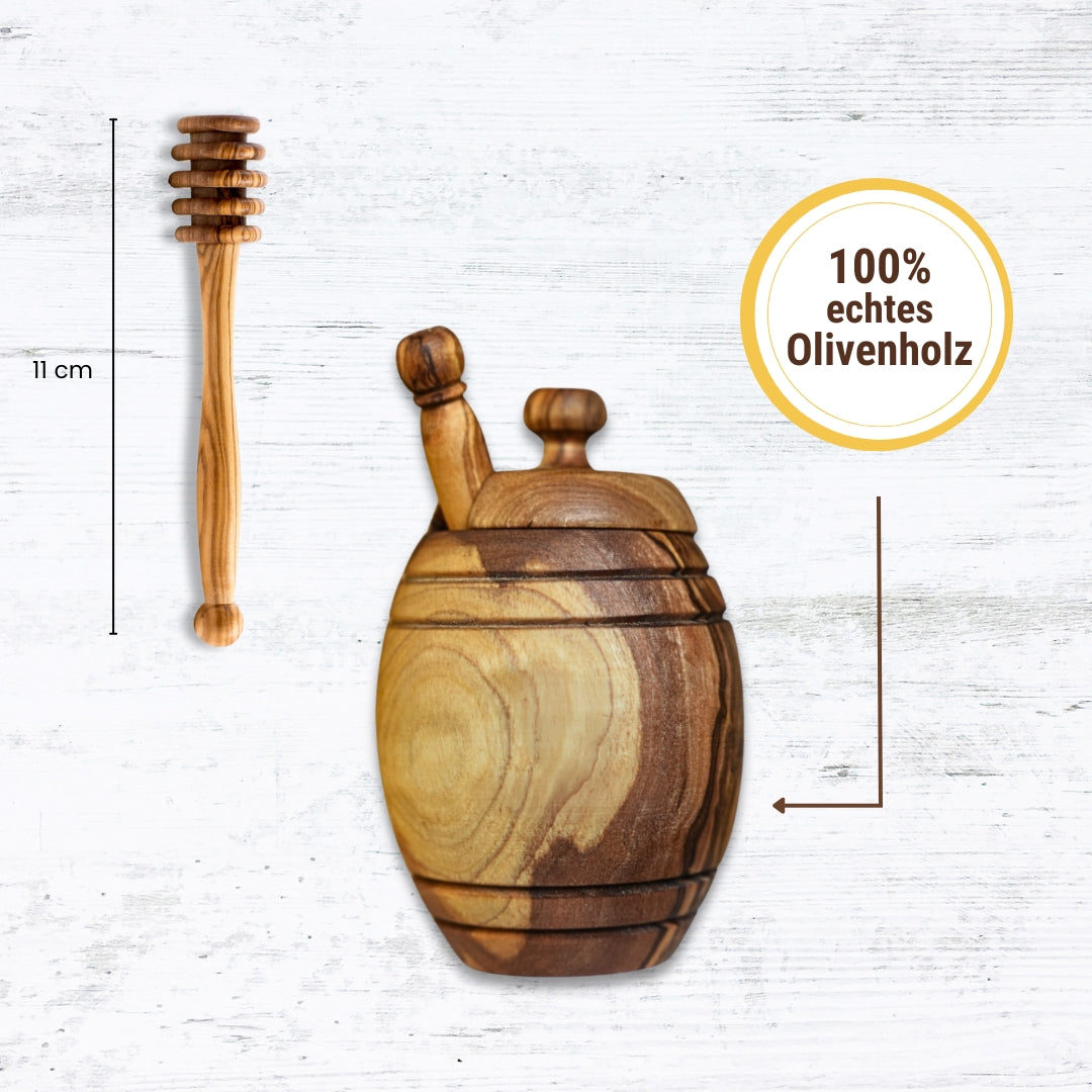 Honigtopf mit Deckel und Honiglöffel aus echtem Olivenholz von der Allgäuer Wanderimkerei