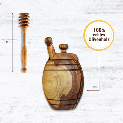 Honigtopf mit Deckel und Honiglöffel aus echtem Olivenholz von der Allgäuer Wanderimkerei